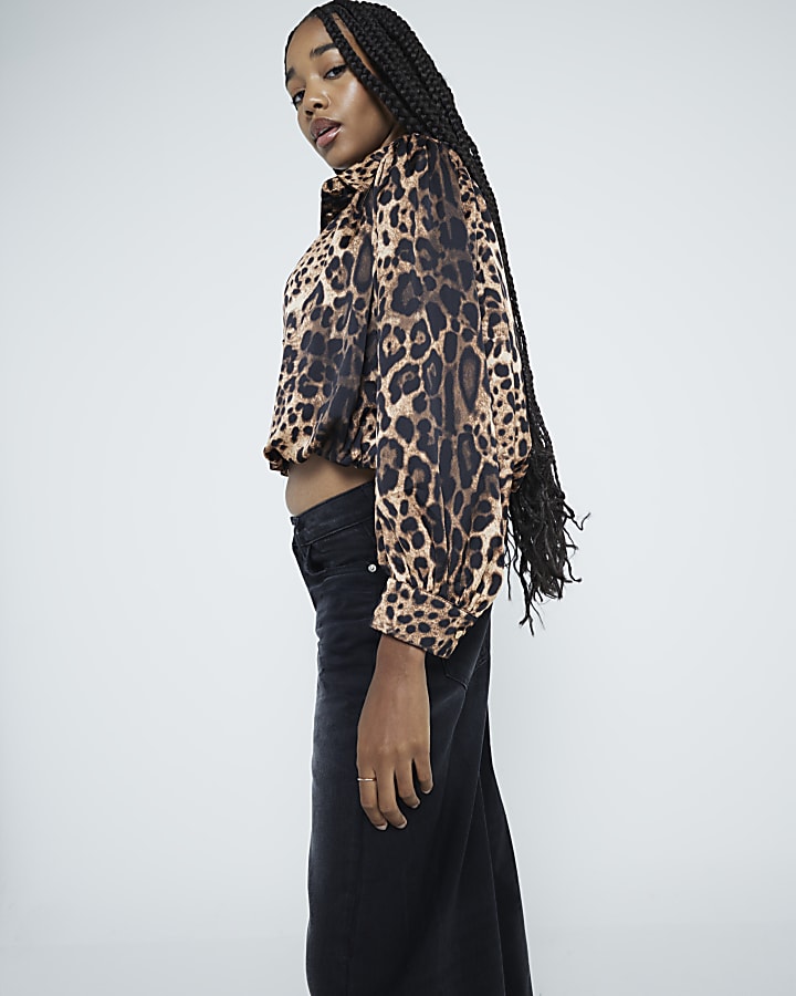Brown Leopard Print Bubble Hem Blouse