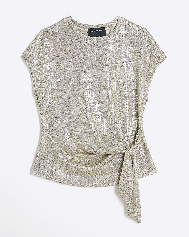Gold short sleeve draped top