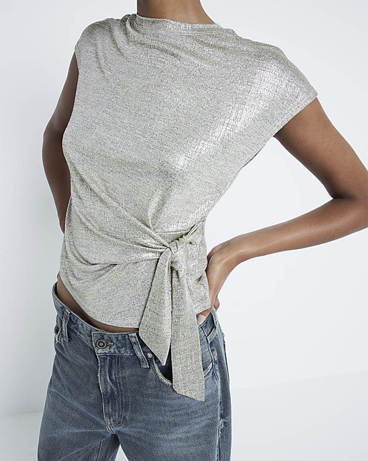 Gold short sleeve draped top