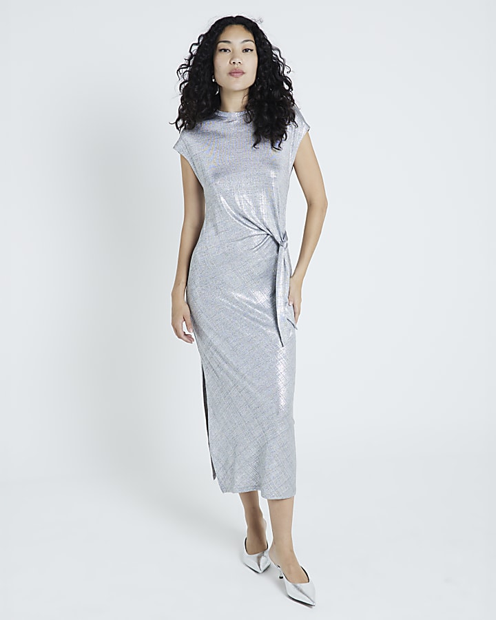 Silver Drape Tie Side Maxi Dress