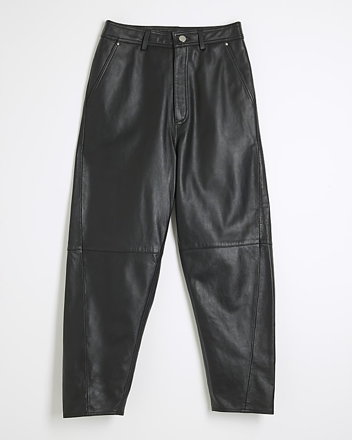 Black Premium Leather Barrel Trousers