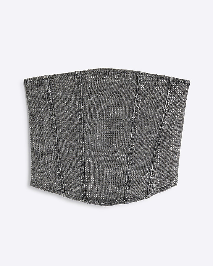 Grey Diamante Bandeau Denim Corset Top