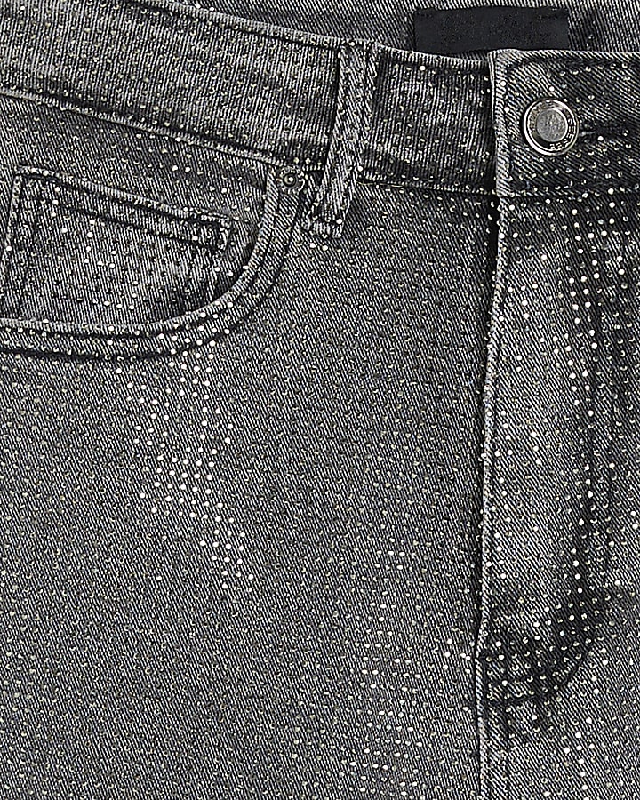 Grey Diamante High Waisted Straight Jeans
