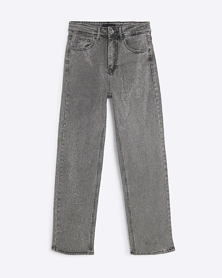 Grey Diamante High Waisted Straight Jeans