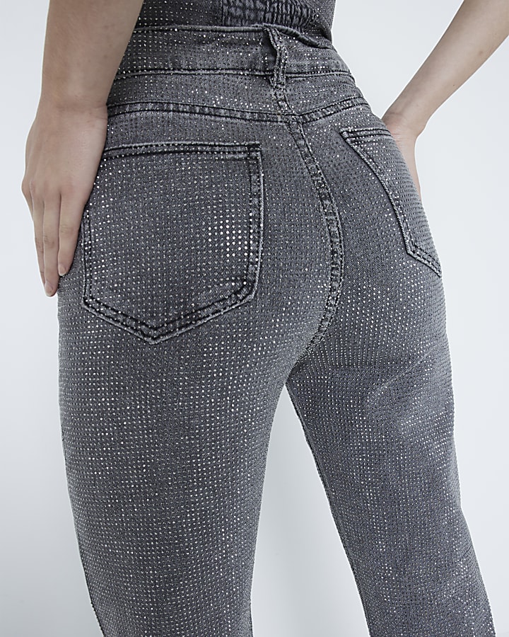 Grey Diamante High Waisted Straight Jeans