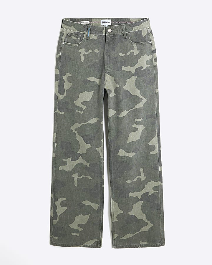 Green Denim Relaxed Straight Camo Jeans