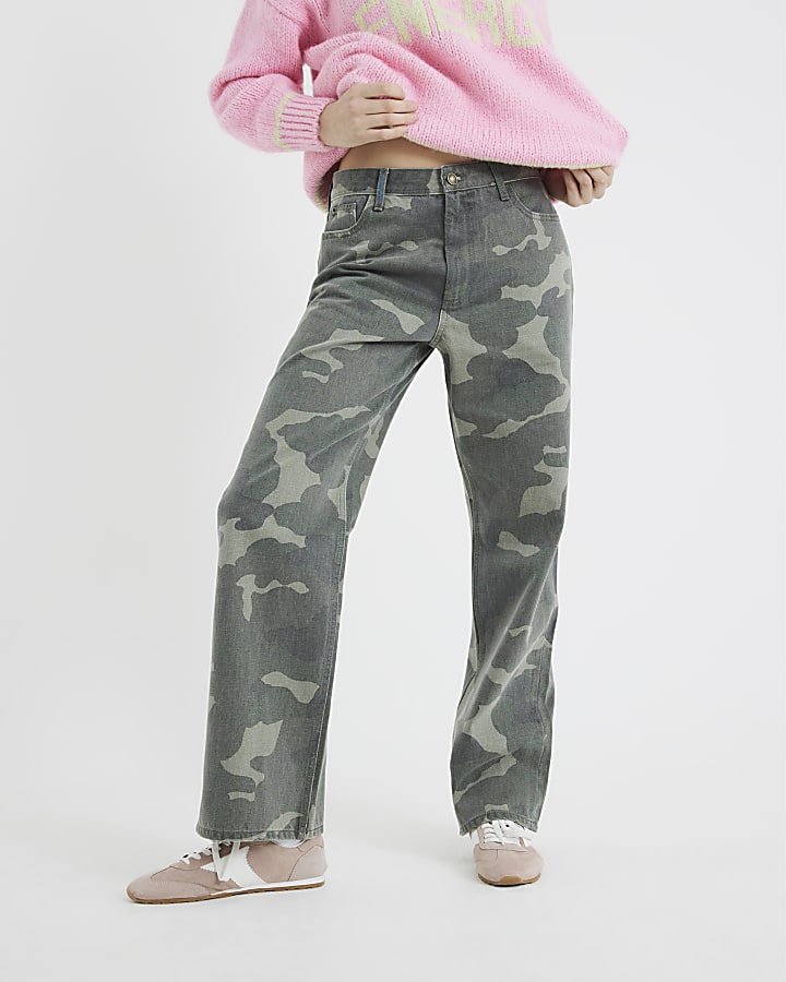 Green Denim Relaxed Straight Camo Jeans