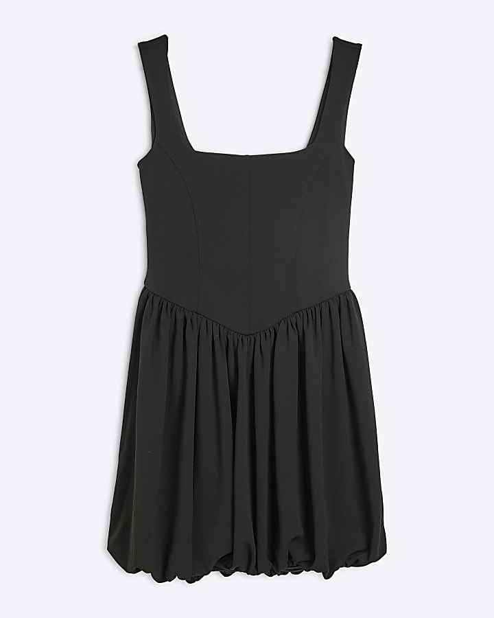 Black Square Neck Bubble Hem Mini Dress