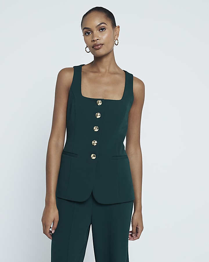 Green Short Sleeve Square Neck Waistcoat