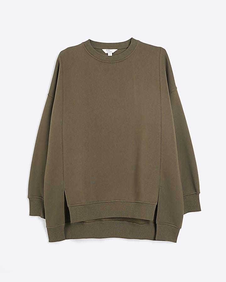 Khaki Long Sleeve Split Front Sweatshirt