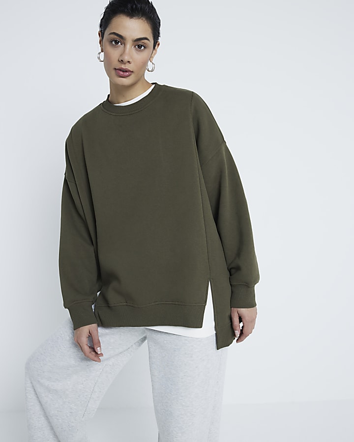 Khaki Long Sleeve Split Front Sweatshirt