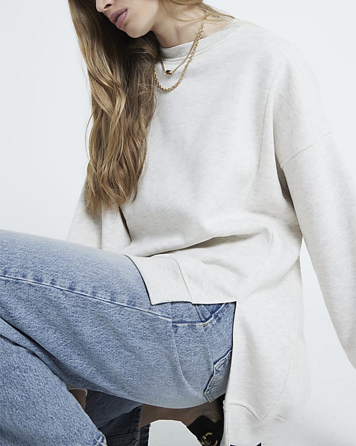 Beige Long Sleeve Split Front Sweatshirt