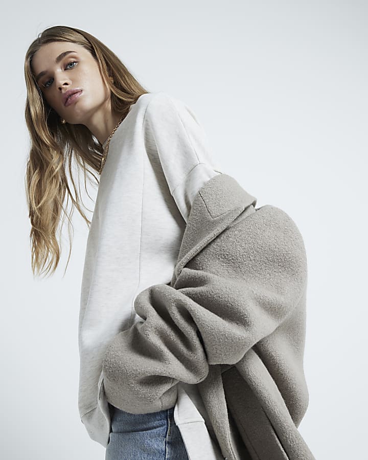 Beige Long Sleeve Split Front Sweatshirt
