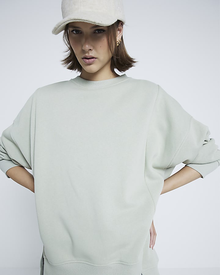 Green Long Sleeve Split Front Sweatshirt