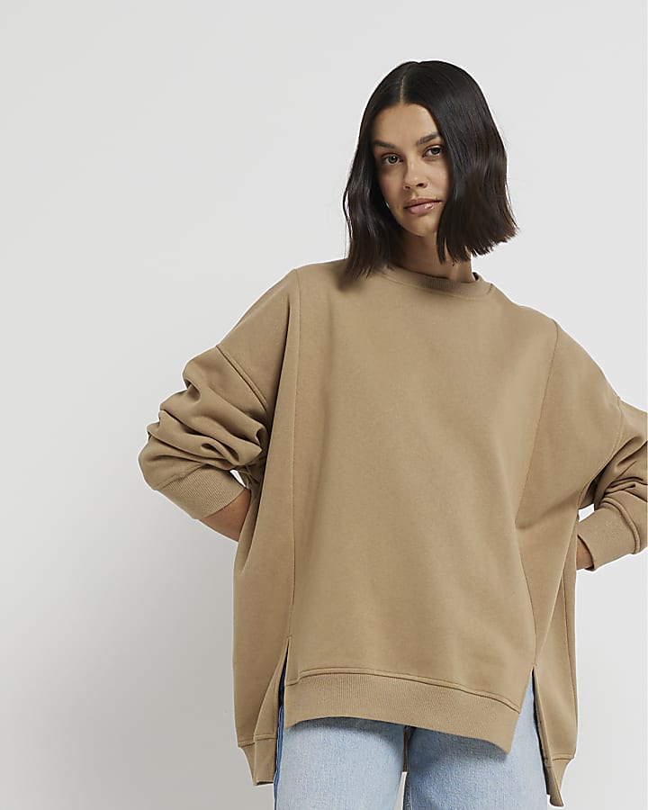 Beige Long Sleeved Split Front Sweater