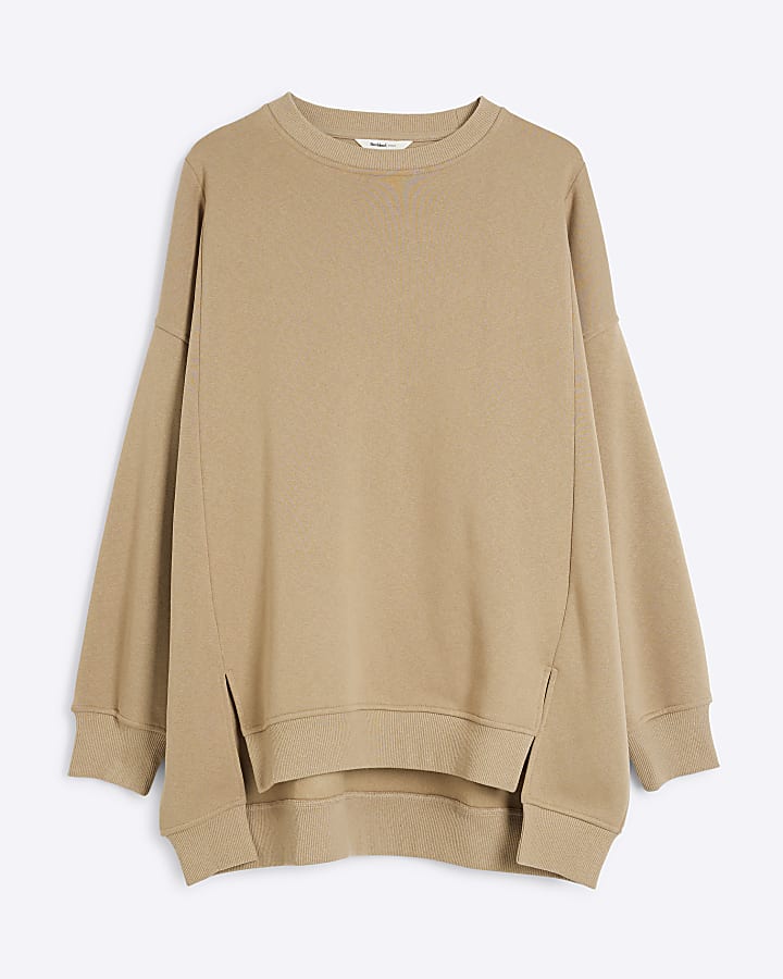 Beige Long Sleeved Split Front Sweater