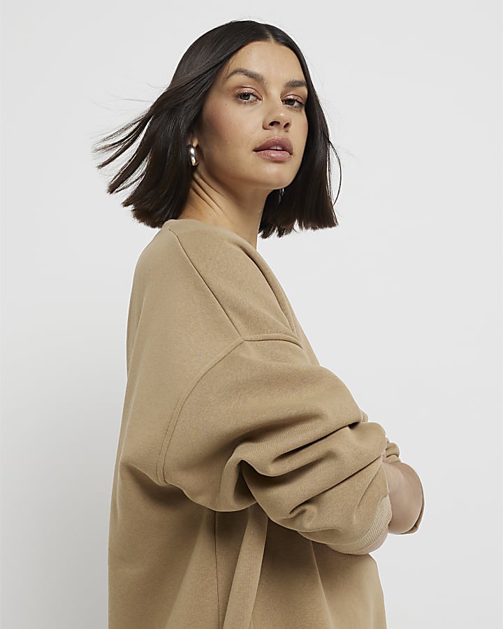 Beige Long Sleeved Split Front Sweater