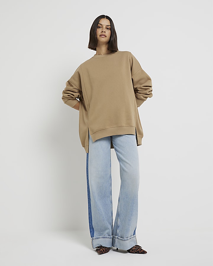 Beige Long Sleeved Split Front Sweater