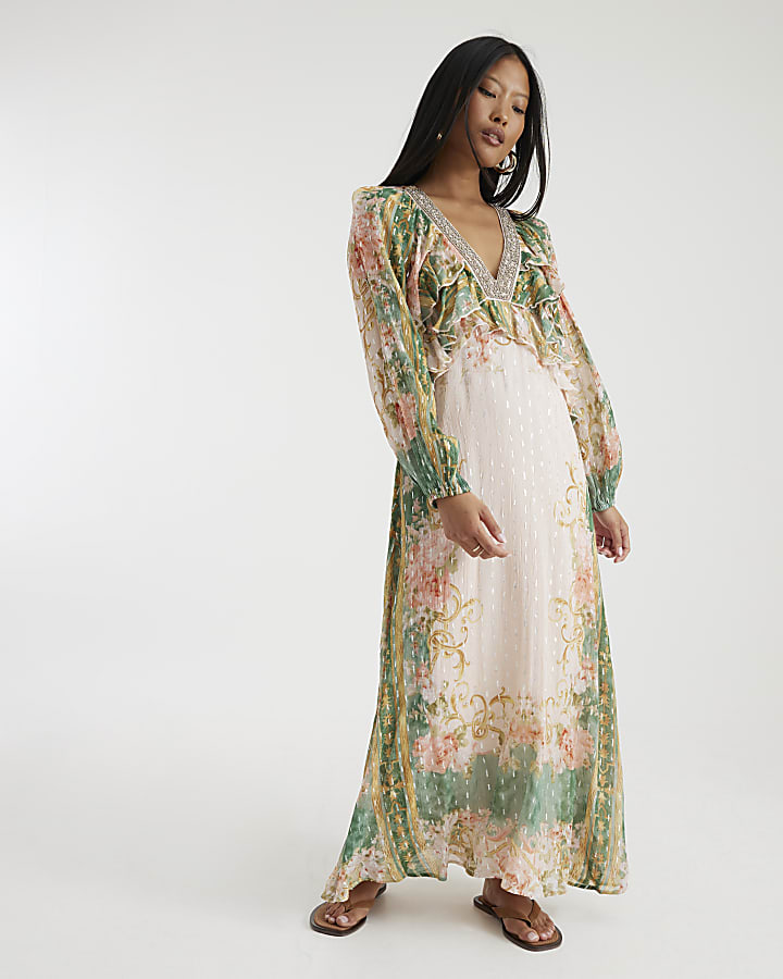 Petite Pink Long Sleeve Ruffle Maxi Dress