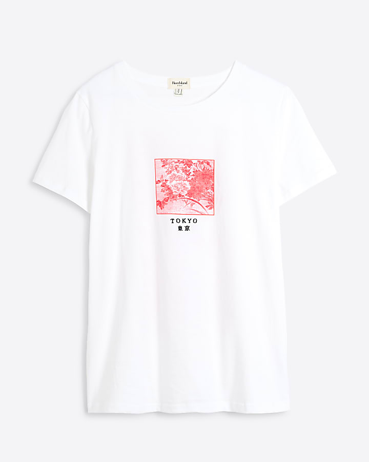 White Tokyo Floral graphic Back Print t-shirt