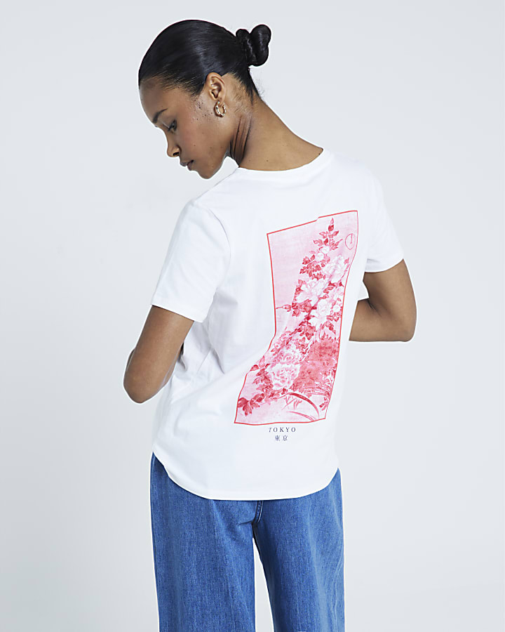 White Tokyo Floral graphic Back Print t-shirt