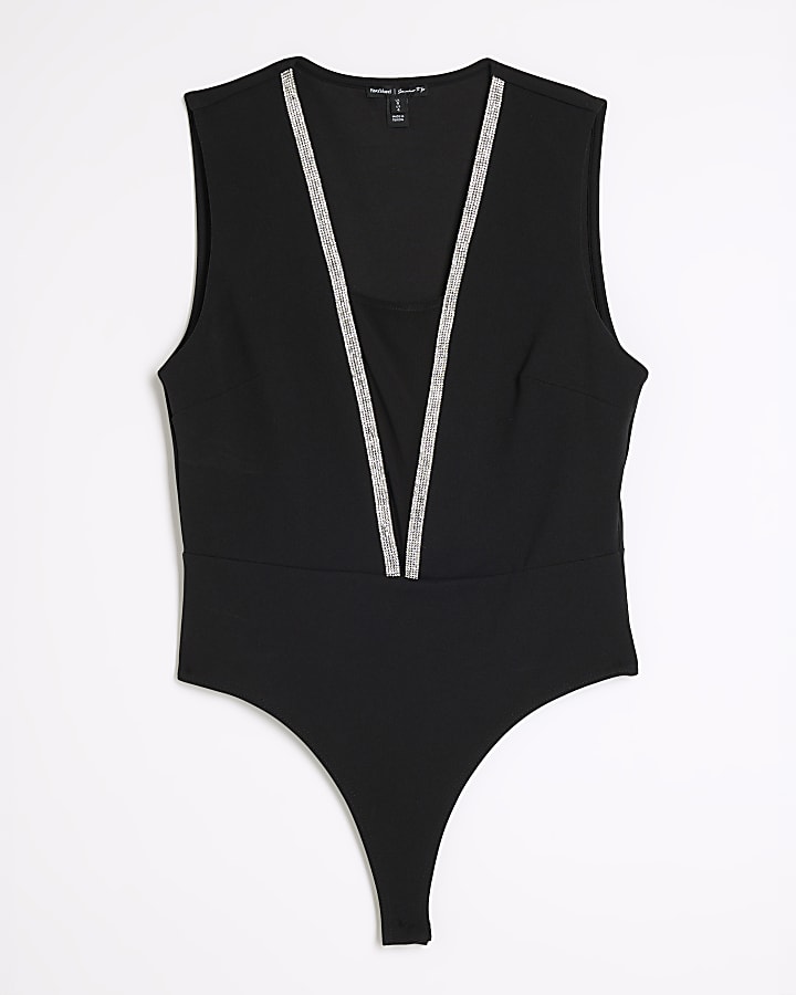 Black Sleeveless Diamante Trimmed Bodysuit