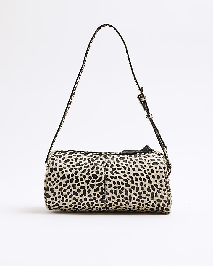 Cream Leather Animal Print Shoulder Bag