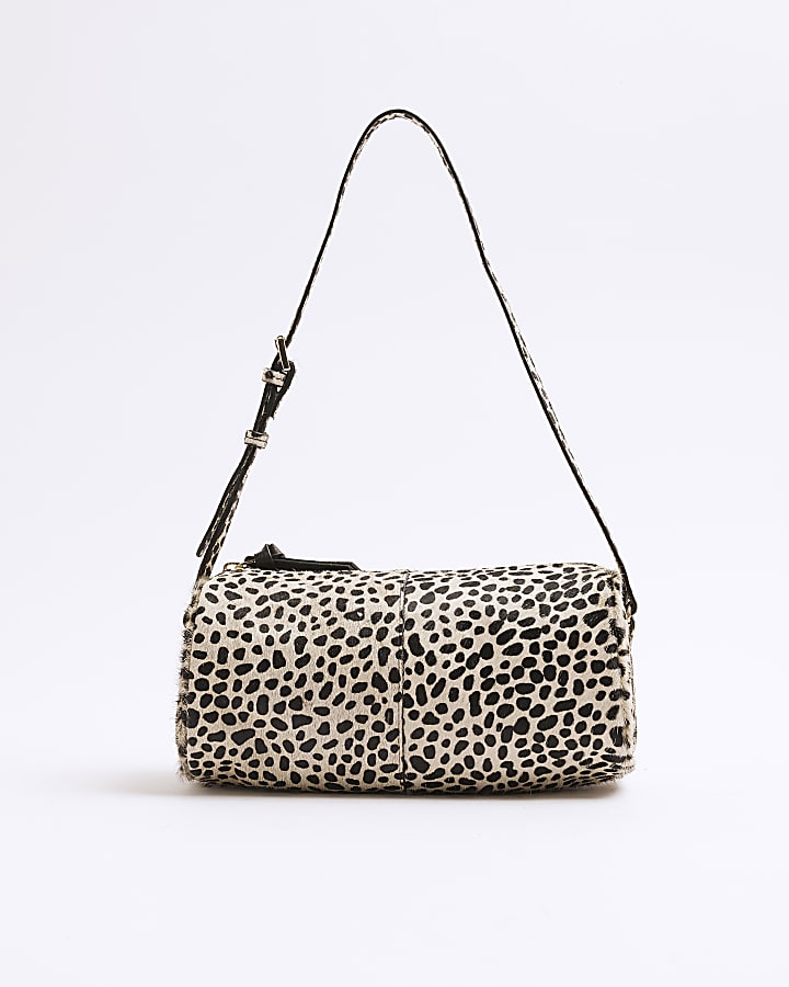 Cream Leather Animal Print Shoulder Bag