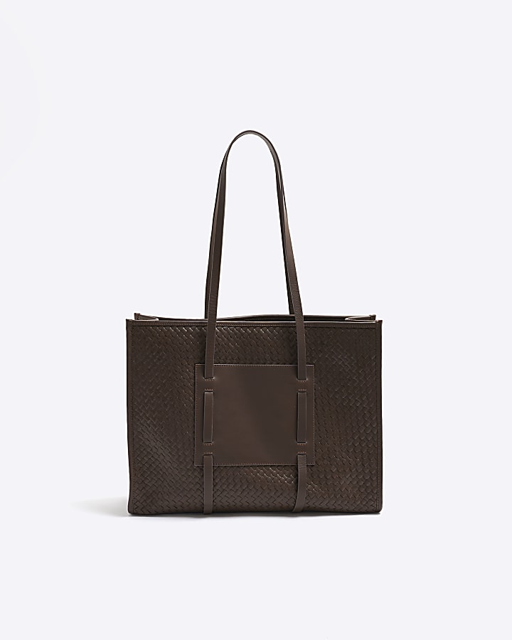 Brown Leather Woven Shopper Bag