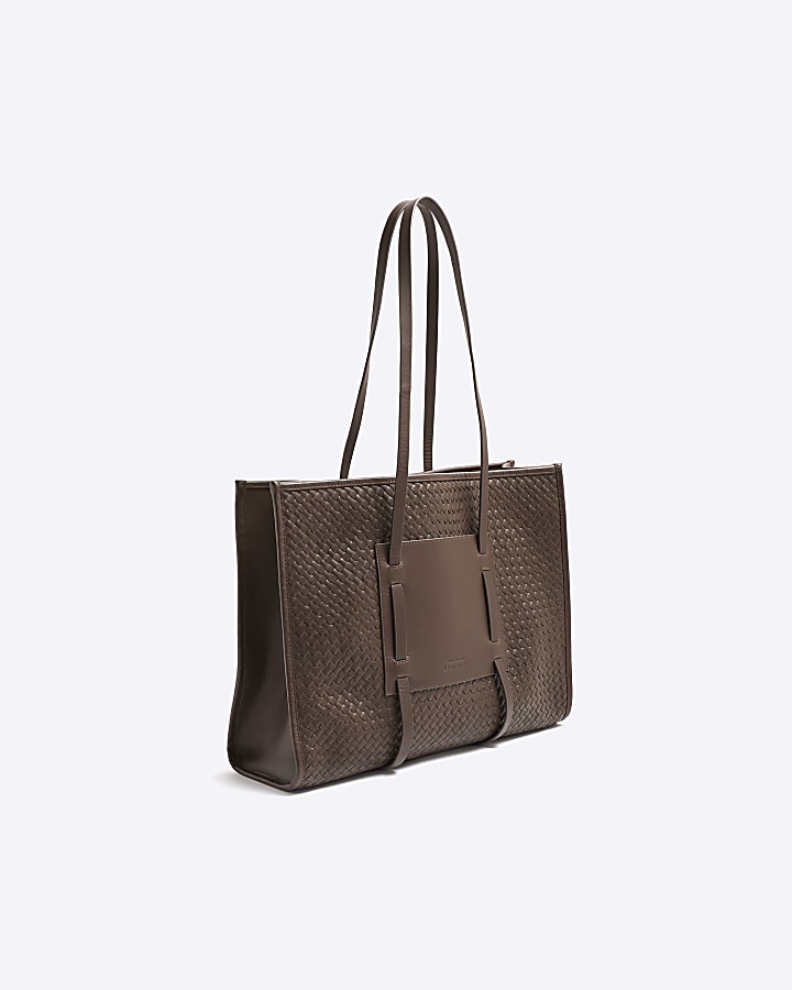 Brown Leather Woven Shopper Bag