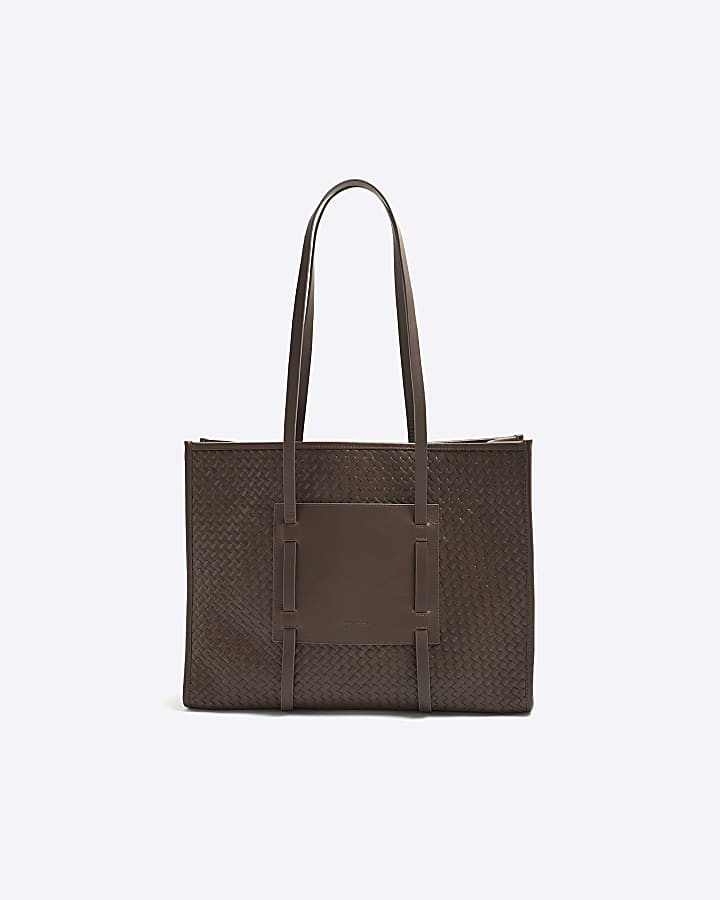 Brown Leather Woven Shopper Bag