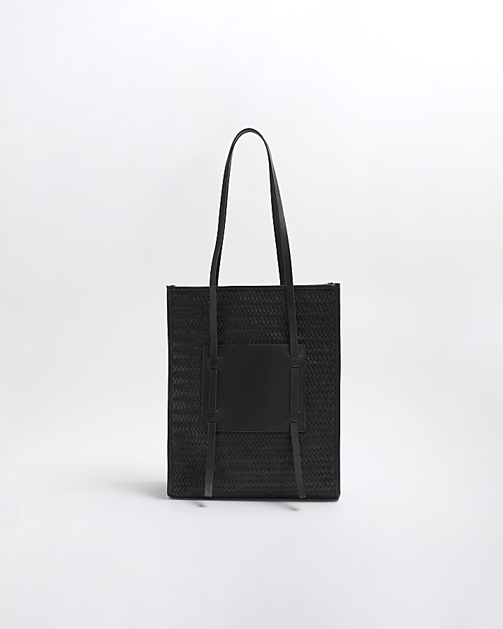 Black Leather Woven Shopper Bag