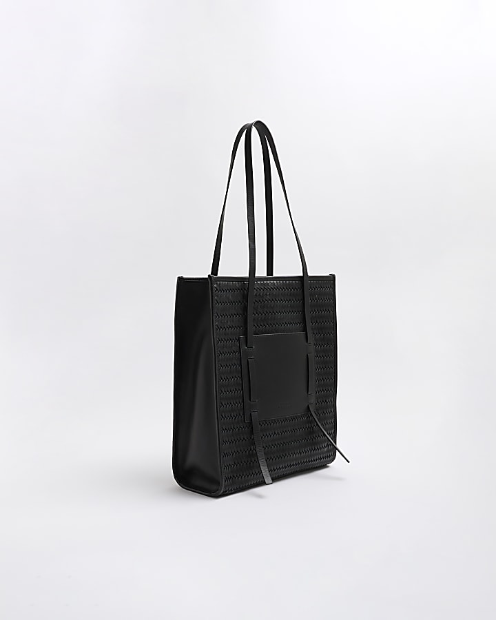 Black Leather Woven Shopper Bag