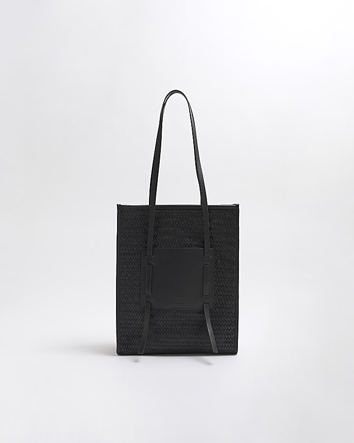 Black Leather Woven Shopper Bag