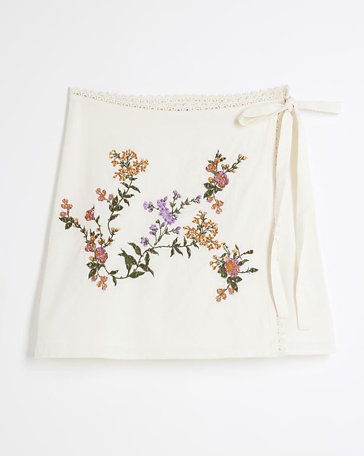 White Embroidered Linen Blend Wrap Mini Skirt