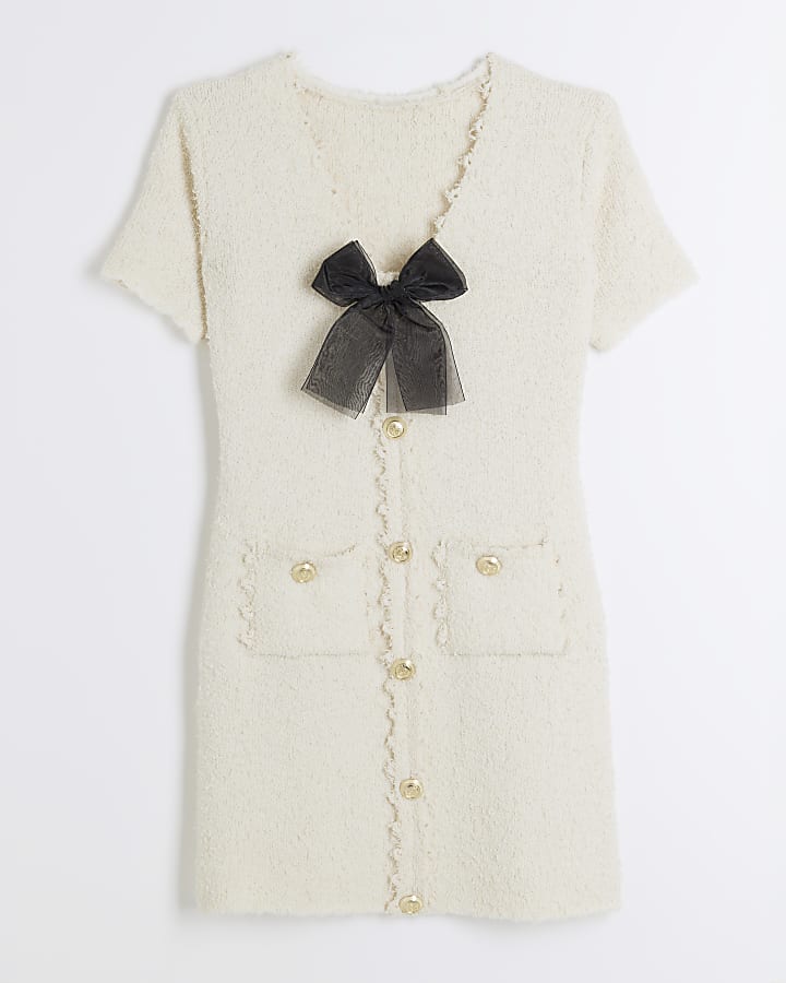 Cream Boucle Bow Mini Jumper Dress