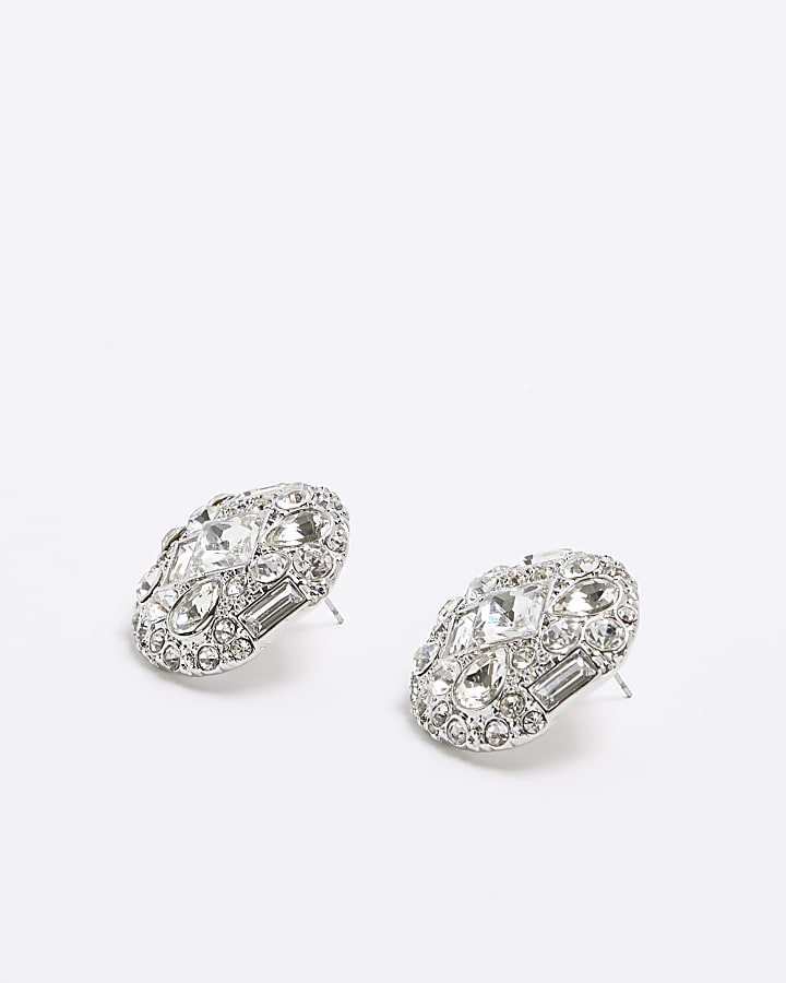 Silver Round Crystal Stud Earrings