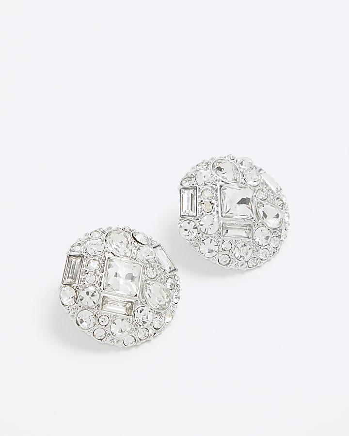 Silver Round Crystal Stud Earrings