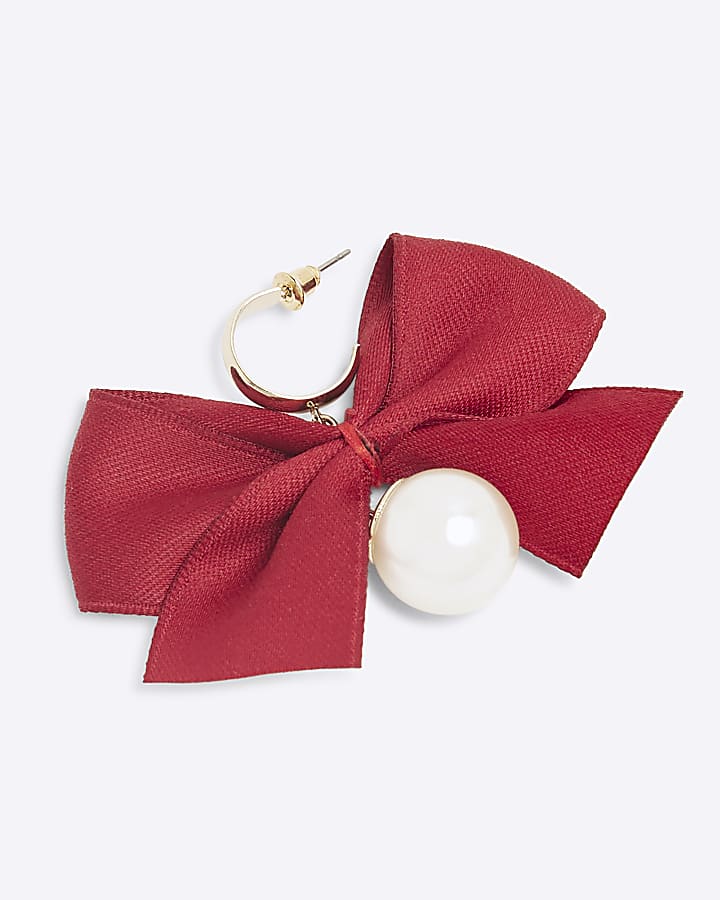 Red Bow Pearl Drop Earrings