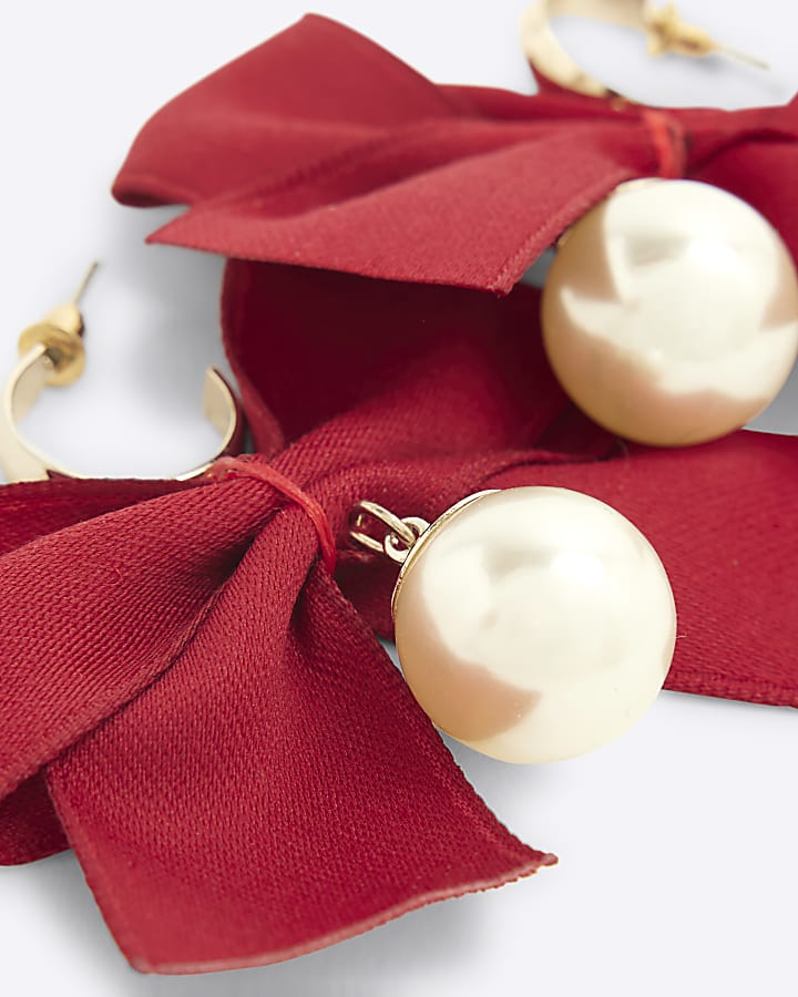 Red Bow Pearl Drop Earrings