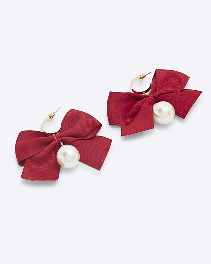 Red Bow Pearl Drop Earrings