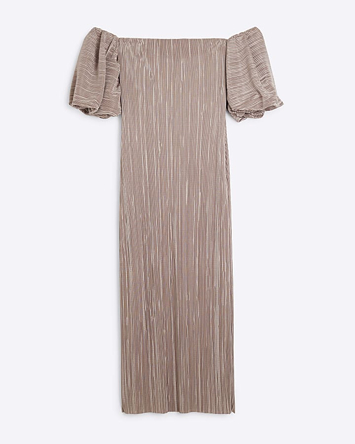 Brown Bardot Plisse Midi Dress