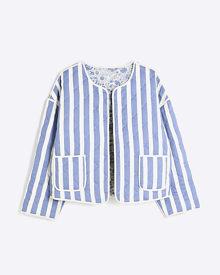 Blue Floral Stripe Reversible Quilted Jacket