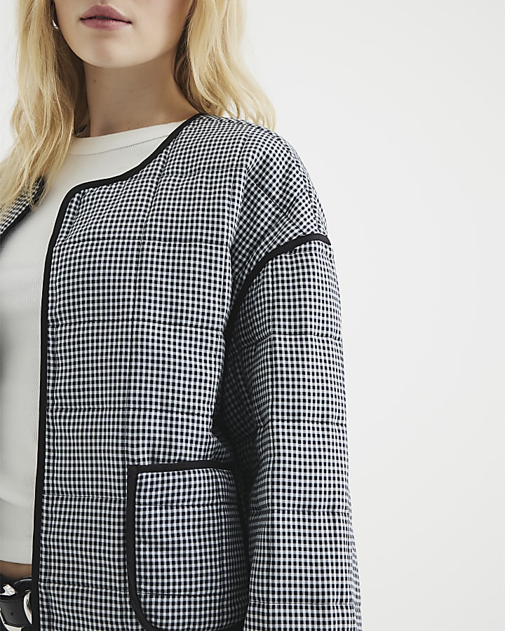 Black Long Sleeve Quilted Gingham Jacket