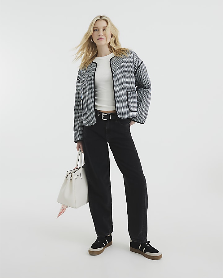 Black Long Sleeve Quilted Gingham Jacket