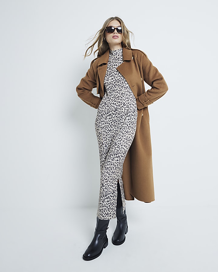 Brown Long Sleeve Leopard Midi Dress