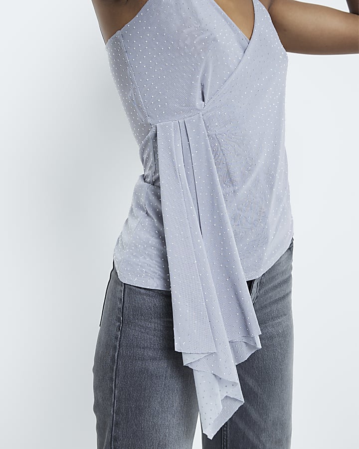 Grey Embellished Asymmetric Drape Cami Top