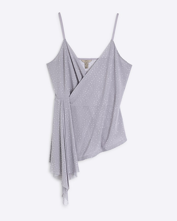 Grey Embellished Asymmetric Drape Cami Top