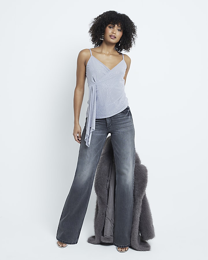 Grey Embellished Asymmetric Drape Cami Top