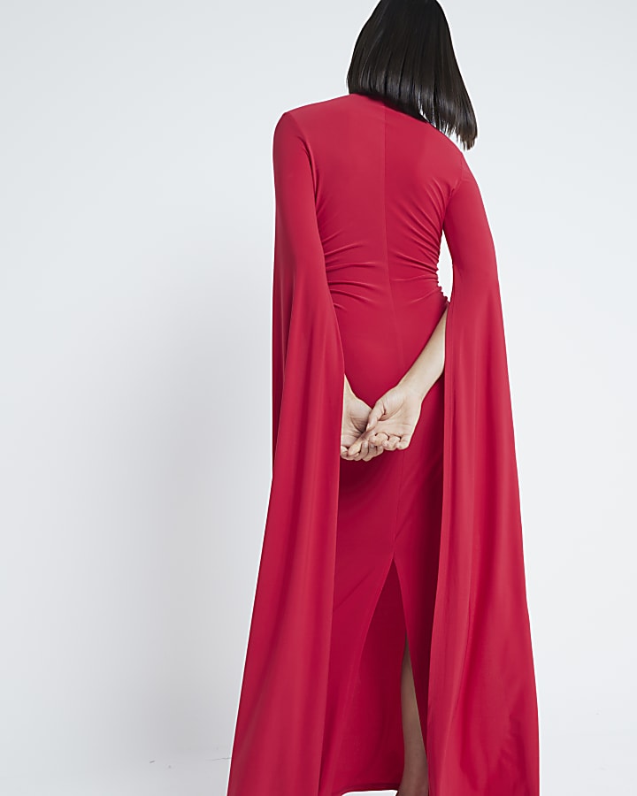 Red Flared Split Sleeve Maxi Dress